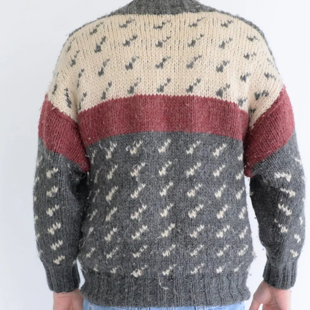 Handmade Unisex Cream And Gray Wool Crew Neck Sweater - Picture 3 of 9